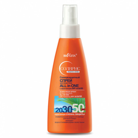 Спрей для лица и тела Белита ALL IN ONE с нарастающим SPF 20/30/50 солнцезащитный 150 мл Спрей для лица и тела Белита ALL IN ONE с нарастающим SPF 20/30/50 солнцезащитный 150 мл