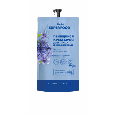 Крем-мусс пенящийся для лица и зоны декольте CafeMimi Super Food Василек & Зеленый 100 мл Крем-мусс пенящийся для лица и зоны декольте CafeMimi Super Food Василек & Зеленый 100 мл